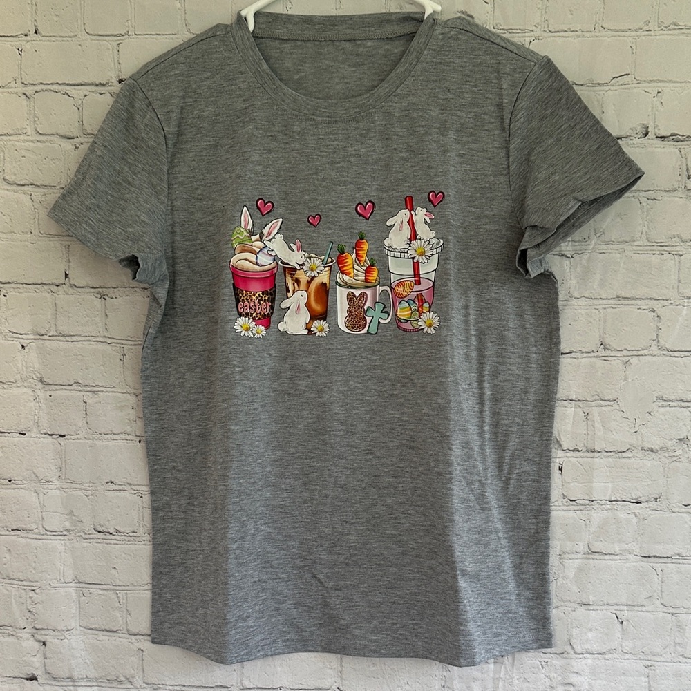 NWT Gray Tee with Cute Bunny Drink Graphic
